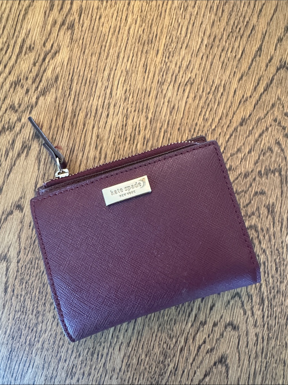 kate spade Wine Saffiano Leather Zip Card Wallet with Gold Plate